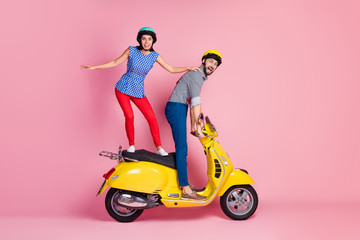 Fototapeta na wymiar Full size profile side photo of positive cheerful two people bikers stand on funky motor bike drive fast speed enjoy road adventure scream wow omg isolated over pastel color background