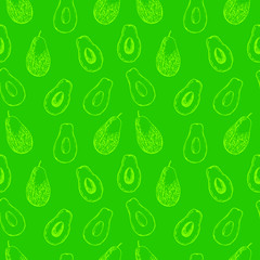 Seamless pattern avocado whole and cut, vector illustration, hand drawing, green color