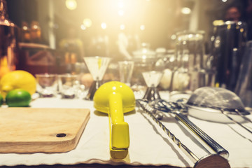 Background of cocktails mixing workshop preparation on counter bar. Professional bartender club preparing fresh delicious tasty cocktail alcohol liquor drink using beverage shaker on vintage concept