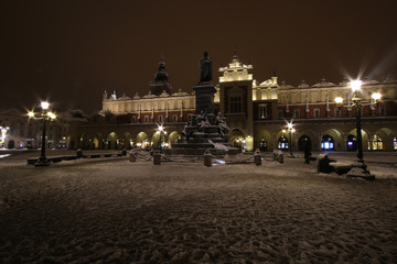 Fototapeta na wymiar Main Square of Cracow by night, winter time, Poland