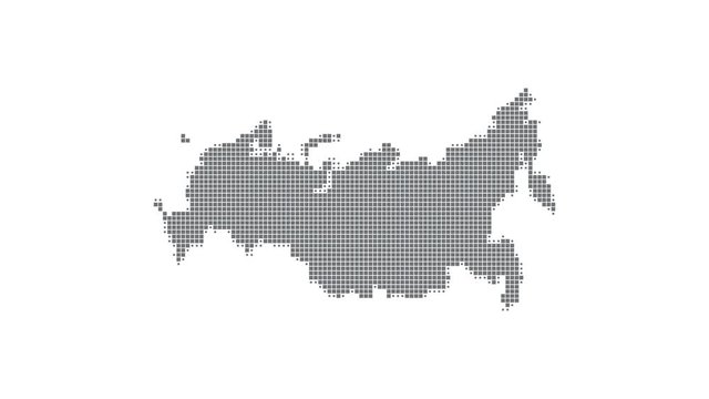 Dynamic motion animation of a pixel map of Russia. The appearance of Rus is animated in scale and opacity. 4K UHD clip video animation. Map with light medical concept for Covid-19
