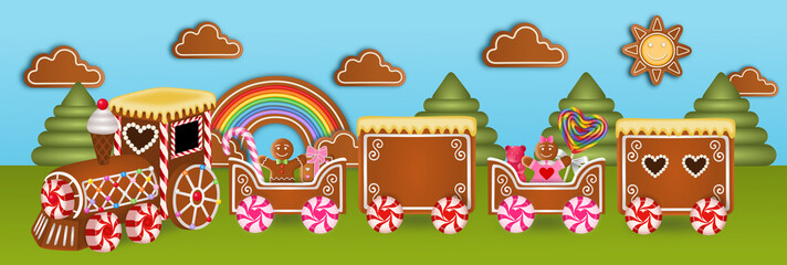Landscape with gingerbreads train, candies and sweets. Banner with space for your text