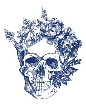 Blue skull in crown with flowers vintage style illustration
