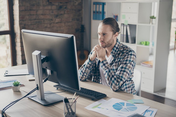 Photo of handsome business manager guy look computer monitor table seriously read corporate report...