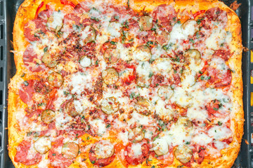 background of hot pizza with cheese top view, texture. homemade food