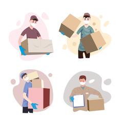 Delivery of goods during the prevention of coronovirus, Covid-19. Courier in a face mask with a box in his hands. Portrait from the waist up. Vector flat illustration