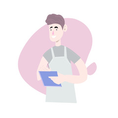 Waiter wearing the uniform. Cartoon character. Fun flat cartoon server person. Isolated on white background.Vector illustration