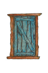 watercolor illustration of a blue wooden door