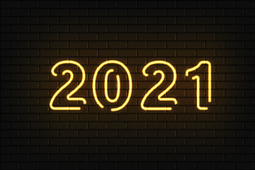 2021 Neon Text. 2021 New Year Design template. Light Banner. Vector Illustration. New 2021 Year sign in neon design on brick wall background.
