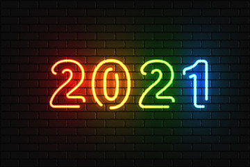 2021 Neon Text. 2021 New Year Design template. Colorful Light Banner. Vector Illustration. New 2021 Year sign in colorful neon design on brick wall background.
