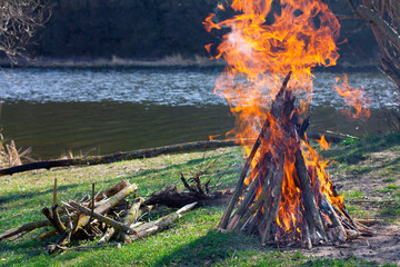 Big campfire at the river