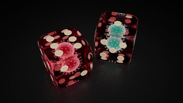 3D animation of red glass dice containing coronavirus, a model of the covid-19 virus from China. The idea of a fatal accident, the lot of a disease.
