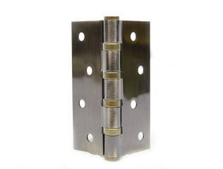 Welded stainless steel door hinge of butt hinge type isolated on white background.