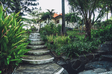 ancient gazebo with roof standing with palm trees