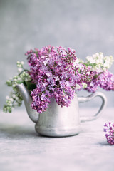 Bouquet of white and lilac lilacs in a vase on a gray background.