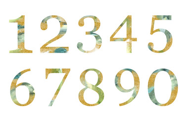 Gold and green  number set - digits 1, 2, 3, 4, 5, 6, 7, 8, 9, 0 . Unique collection for wedding invites decoration .