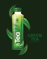 Green Tea Drink Packaging Mockup. Realistic green tea leaves background for advertising poster. Vector illustration