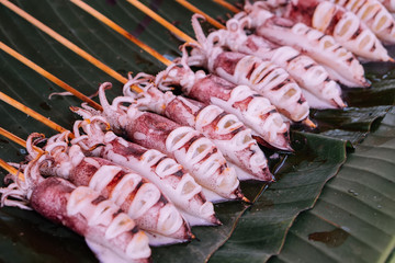 Fresh off the boat fisherman aquaculture traditional closeup grilles organic natural seafood squid octopus barbecue fresh sea no filter sell in local fish market for exotic homemade food experience