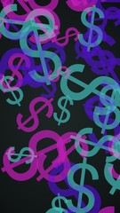 Multicolored translucent dollar signs on dark background. Red tones. 3D illustration