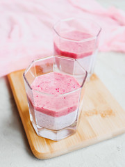 Chia pudding with mashed berries and banana, Healthy eating concept. Super food.