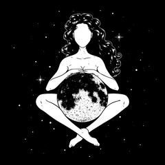 Beautiful woman meditating with full moon in space, goddess symbol. Vector illustration