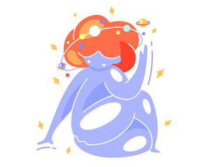 Colorful vector illustration space girl doing yoga exercise. Twisting sitting on the floor, stretching. World Yoga Day. Body positive, massive body, self-love, health care. Stars and planets.
