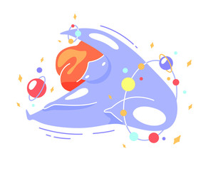 Cute vector illustration of a fat space girl doing yoga. Tilt to the leg, stretching the popliteal ligaments. Body positive, health care, self-acceptance, love for your body. World Yoga Day.