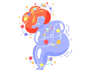 Cute vector isolated illustration fat space girl is doing yoga. Static exercise squat with twisting, inverted chair pose. World Yoga Day. Body positive, health care, self-acceptance. body improvement.