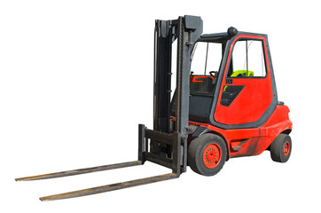 Powerful electric forklift isolated on a white background