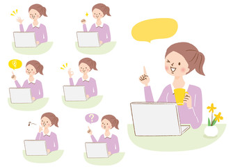人物　パソコン　若い女性　表情セット