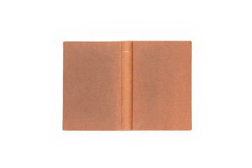 Open hard cover terracotta book on white background