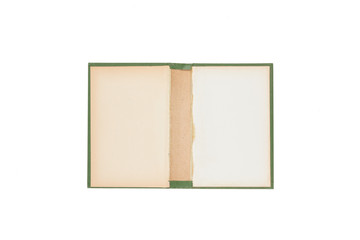 Open hard cover green book on white background, inside hard cover