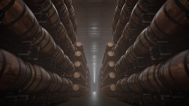 Barrels stacked in warehouse. Whiskey, wine or beer barrels sitting in rows inside storage cellar. Loopable seamless animation.