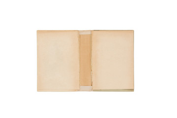 Open hard cover old yellow book on white background, inside hard cover, background