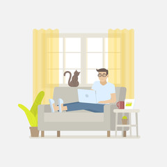 Young man in casual clothing working at home with laptop computer on a sofa in a cozy living room with windows, curtain, cabinet, picture frame, plant, cactus, coffee mug and cat in flat cartoon style