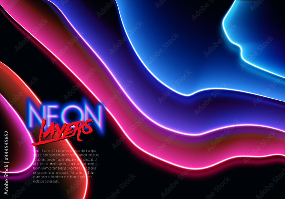 Poster neon glass layers stacked with reflections for 80s or 90s styled abstract background in synthwave, r