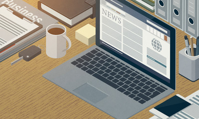 Financial news online on the laptop,3D illustration