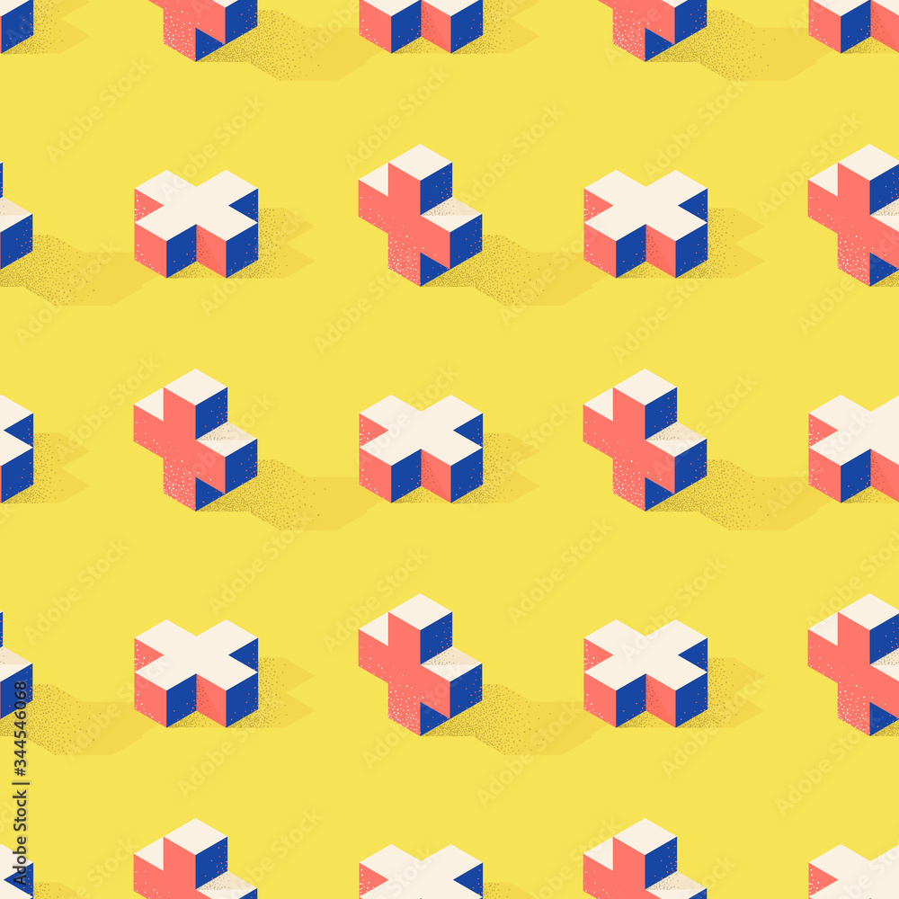 Poster Seamless pattern with cross or plus shape on green background in modern dotted texture style