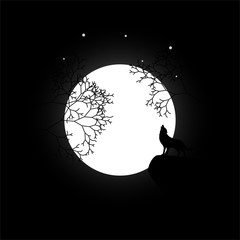 silhouette of a wolf and tree in the night
