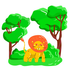 Lion in cartoon style on savanna background. Landscape with green trees.