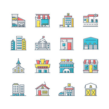 Industrial Buildings RGB Color Icons Set. High Rise Skyscrapers. Car Parking. Cinema Theater. Urban District. City Constructions. Cafe Storefront. Clinic And Church. Isolated Vector Illustrations