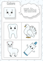 Learning colors. White color. Flashcard for kids. Cute cartoon characters. Picture set for preschoolers. Education worksheet. Vector illustration.