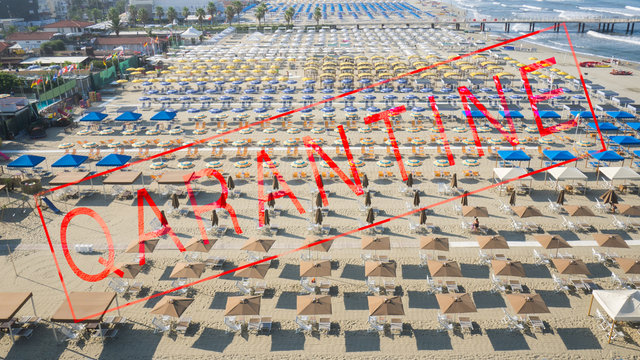 Bird's eye view of a beach aligned with umbrellas, overimpressed the text qarantine, due to  covid pandemia the touristic season is severely at risk in mnay country around the world.