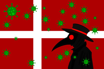 Black plague doctor surrounded by viruses with copy space with DENMARK flag.