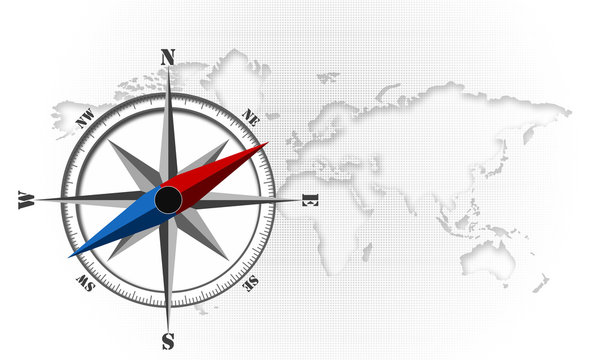 Compass on world map with white background