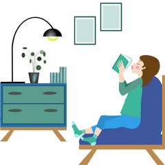 young woman reading in her living room, stay at home, relaxation at home