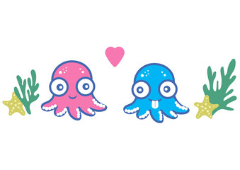 Fototapeta na wymiar Octopus love cartoon vector icon. Cute baby boy and girl kids Octopus character. Funny flat blue and pink icons of underwater animals and seaweed isolated on a white background.