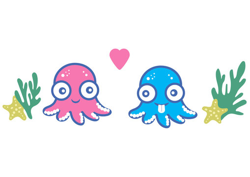 Octopus love cartoon vector icon. Cute baby boy and girl kids Octopus character. Funny flat blue and pink  icons of underwater animals and seaweed isolated on a white background.