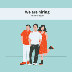 People waiting for employees with words we're hiring, concept vector illustration. 