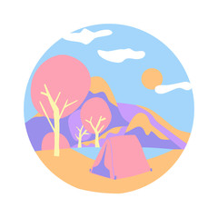 Mountain camping in pink colors. Tourist tent near the water. Vector illustration in cartoon style